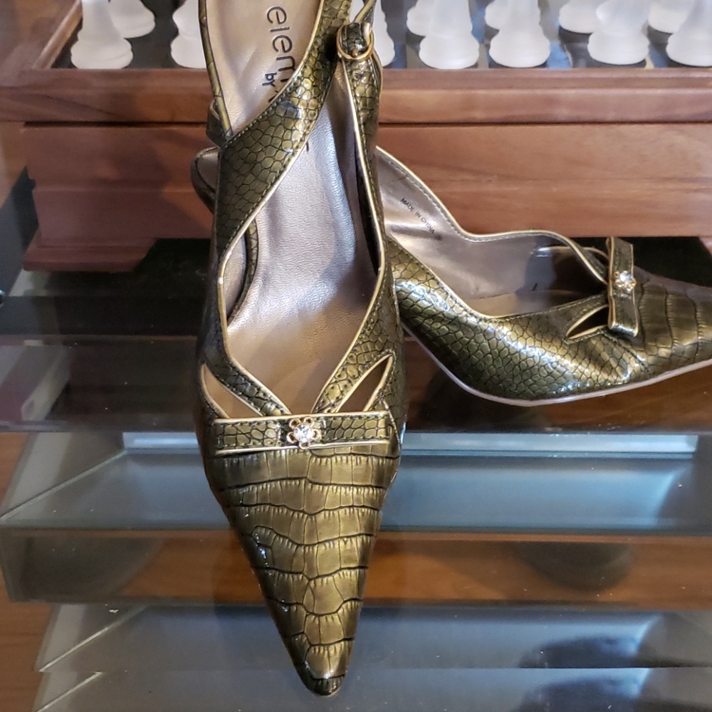 Olive green slingback heels with jeweled accent